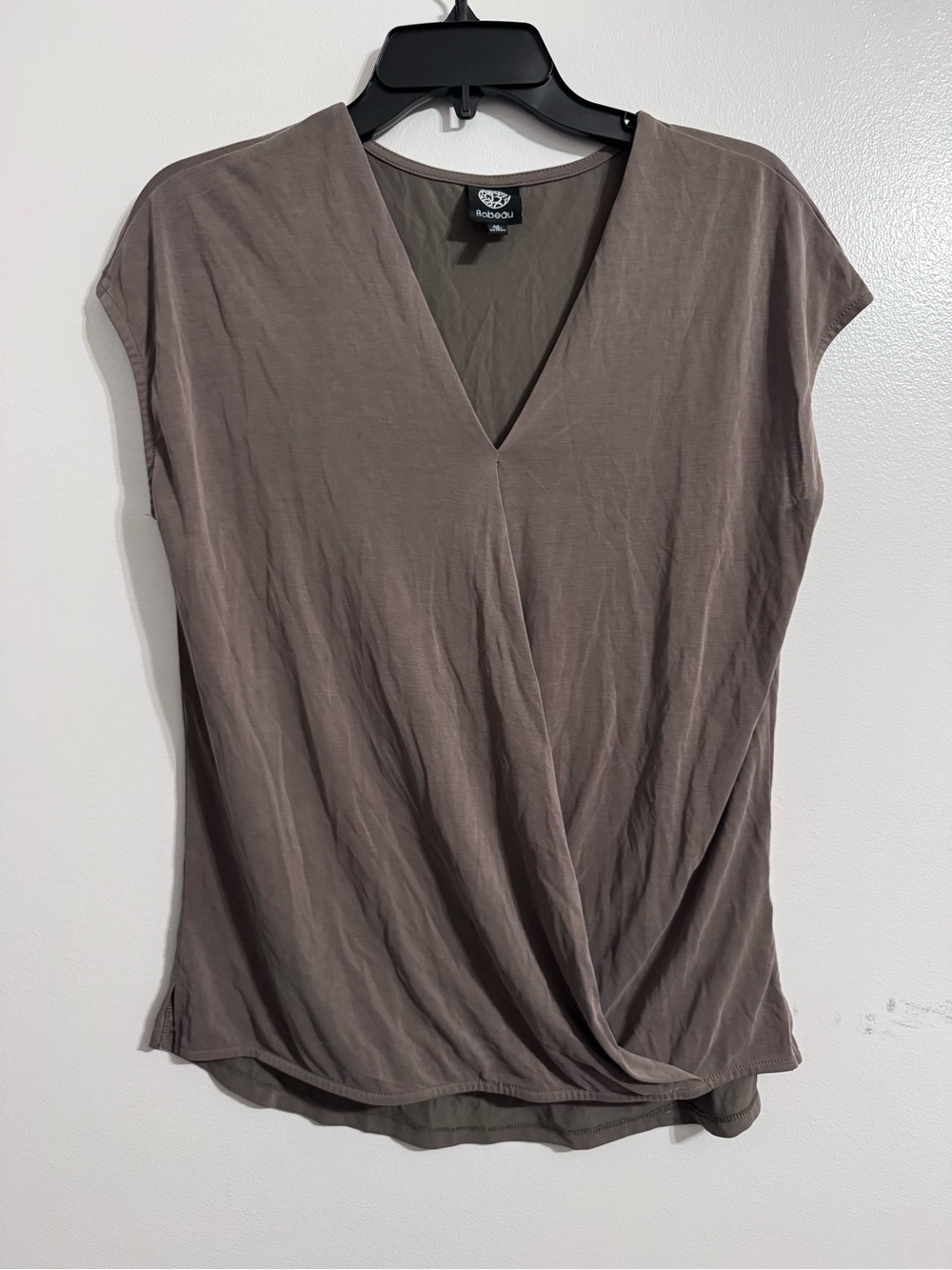 bobeau Taupe V-Neck Draped Short Sleeve Blouse